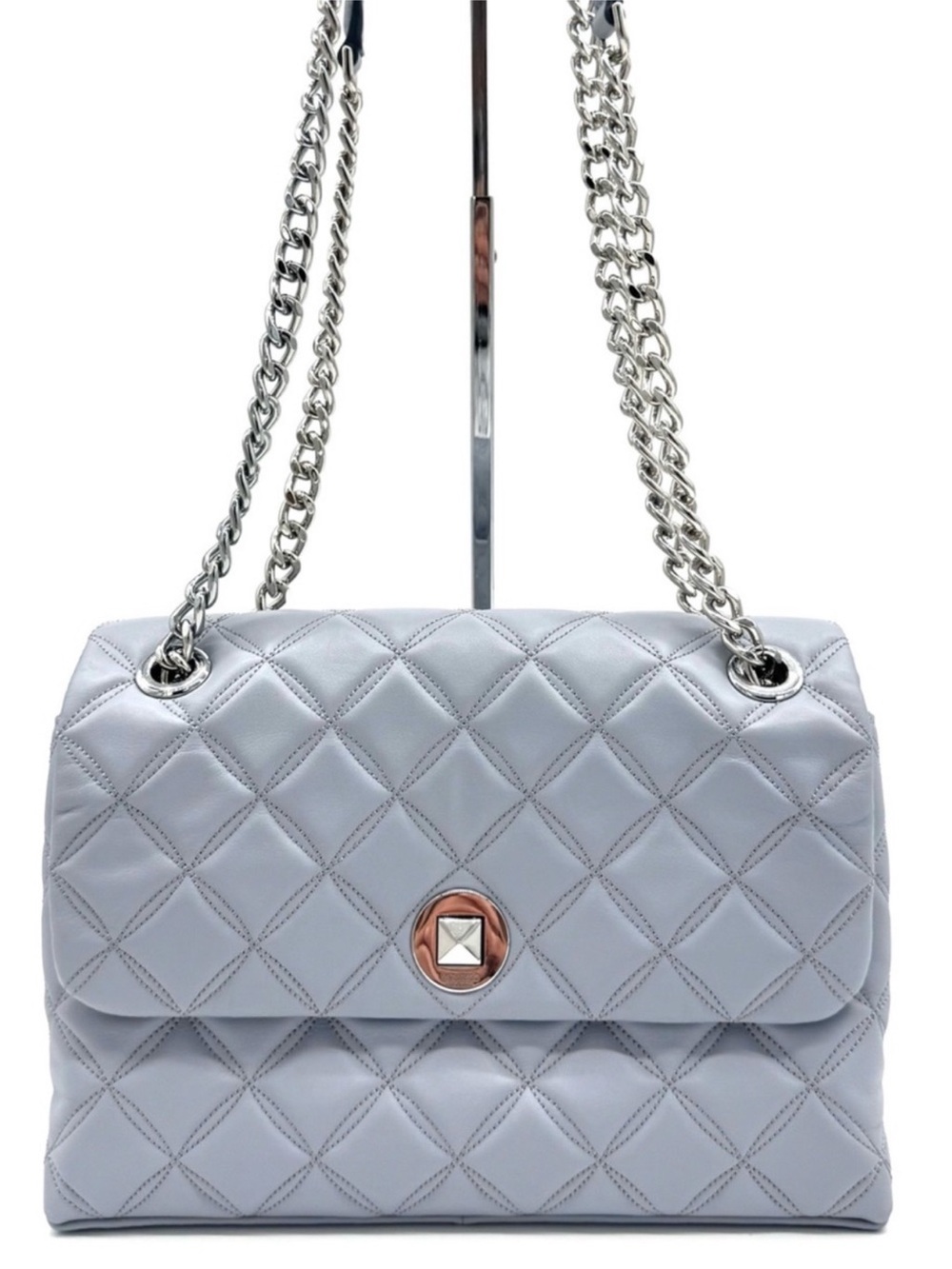 Quilted Light Gray Shoulder Bag with Chain Strap